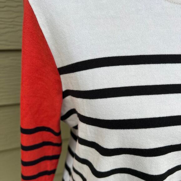 J. CREW women's size M, white, black stripes & coral striped sleeves sweater - Picture 3 of 7